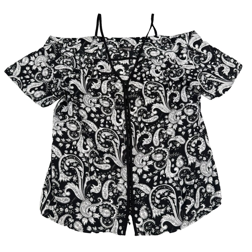 Express Top Womens M Black White Paisley Cold Shoulder Boho Peasant Festival
